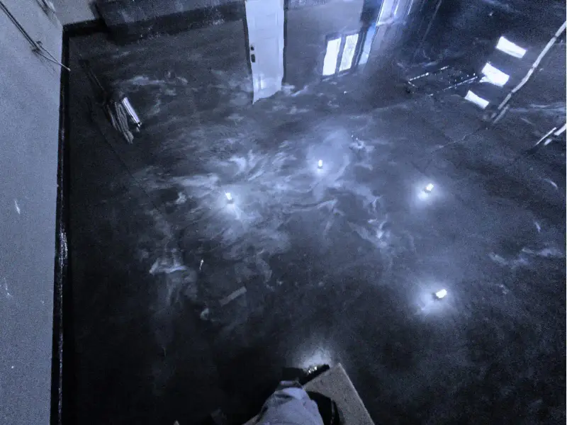 Glossy charcoal metallic floor with smoky silver marbling